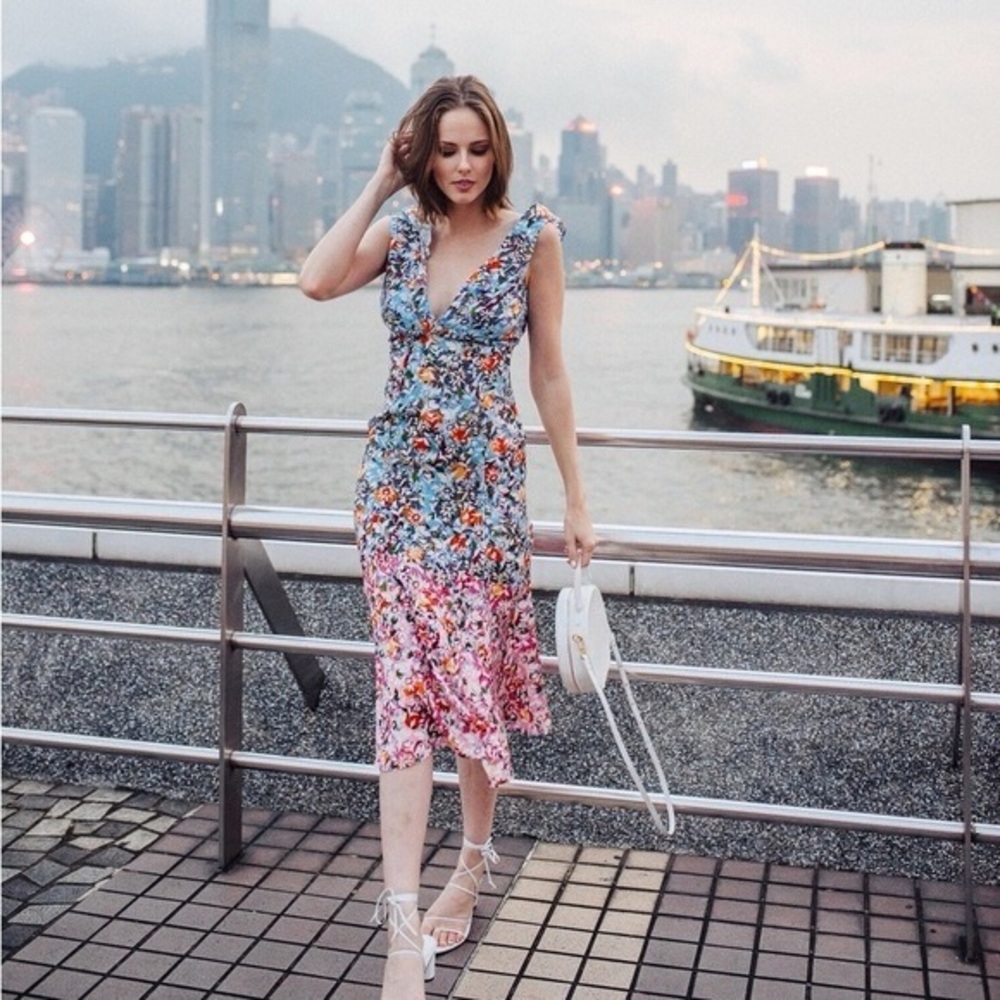 NWT $650 Saloni Holly Pink Margerite Floral Silk Midi Dress